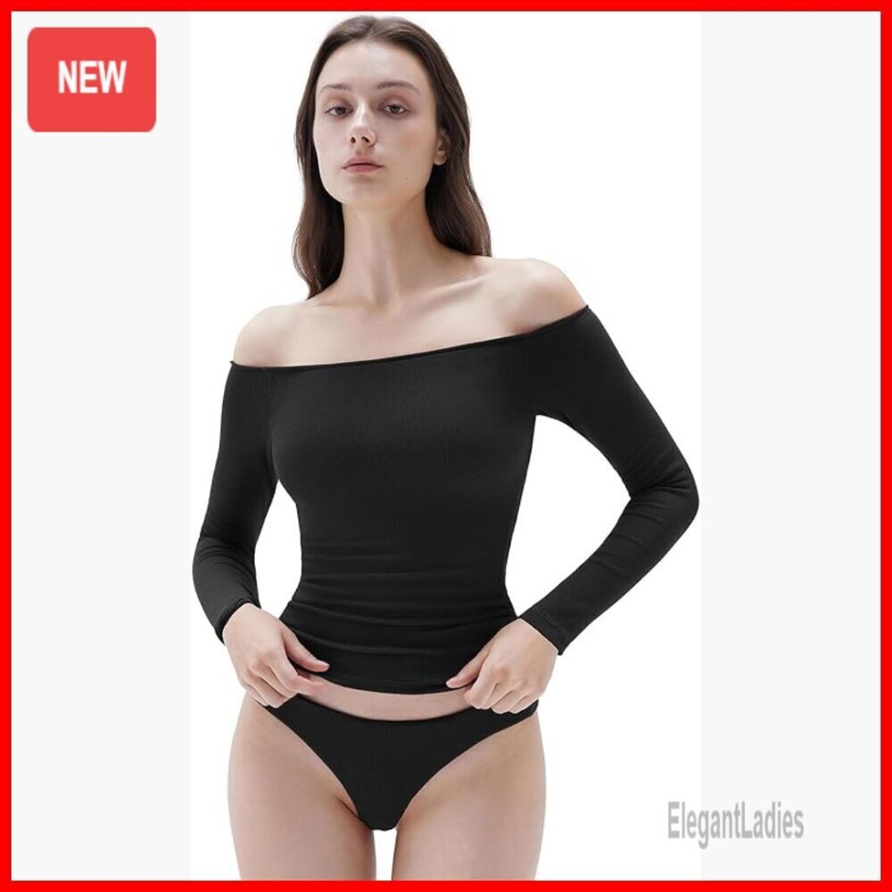 Ribbed Long Sleeve Off Shoulder Top with Built-In Bra Padded Slim Fit
